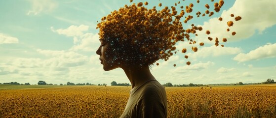 Woman in a field of yellow flowers with starry transformation