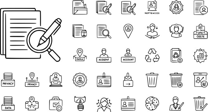 set of 40 flat gdpr web icons in line style such as portfolio, rectification, right to access, address, account, id card, delete icons for report, presentation, diagram, web design