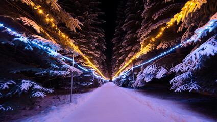 Enchanting Winter Forest Path with Sparkling Christmas Lights illuminating a Snowy Wonderland creating a Festive Atmosphere