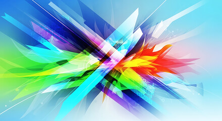 Abstract multicolored geometric shapes overlapping on a light blue gradient background