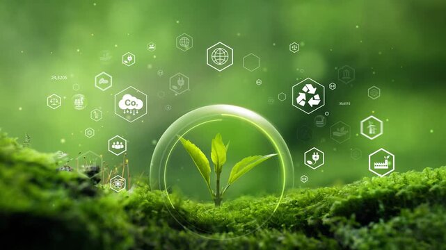 Seedling growing on moss with green forest icon - environment esg concept, ecology and sustainable environment of the world. Eco-friendly green business. ecology, earth day, csr and net zero