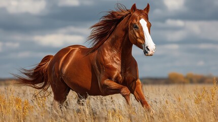 Obraz premium Majestic chestnut horse galloping through a golden field under a cloudy sky during late afternoon