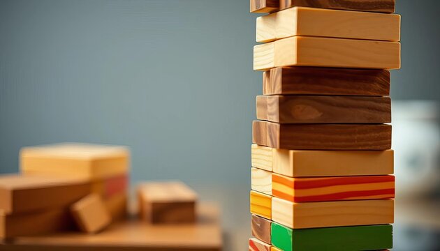 Close-up of a Jenga game in progress, blocks stacked precariously, together, competition
