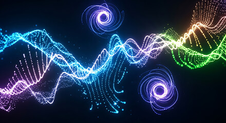 Abstract glowing particle waves and swirls in vibrant colors on a dark background design element
