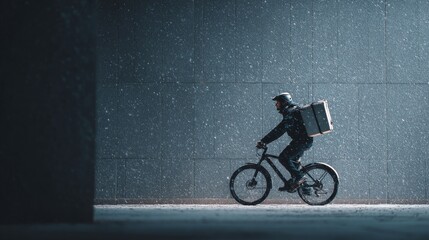 As winter snowstorm engulfs the urban landscape, a hardy courier rides a bicycle diligently to deliver an essential package, exemplifying resilience and the vital role of transportation in