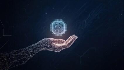 A hand, seemingly digital, holds a glowing circuit board