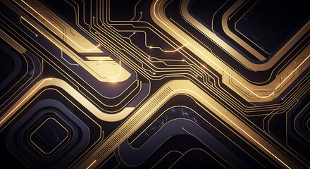 Abstract golden circuit board design with intricate lines and geometric shapes on dark background