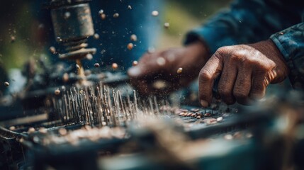 Medium shot of a manual seed drill in action sharply focused on the operators hands guiding seeds while the background blurs softly.