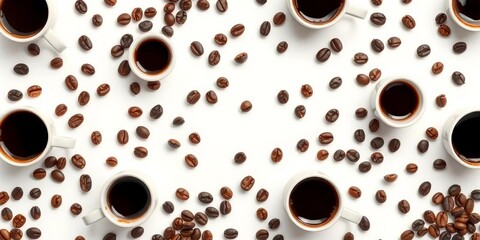 Obraz premium Elegant seamless pattern featuring coffee cups and scattered coffee beans on a white background, cups, dark