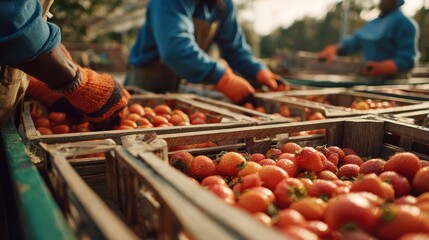 Medium shot capturing seasonal farmers packing crates of ripe fruits showcasing the importance of timing and seasonality in supplier selection.