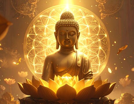 Golden Buddha statue, lotus flower, sacred geometry - Powered by Adobe