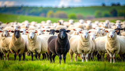 La oveja negra en medio del rebaño como metáfora visual de singularidad identidad y diferencia que invita a reflexionar sobre pertenencia conformidad liderazgo y el valor de ser distinto