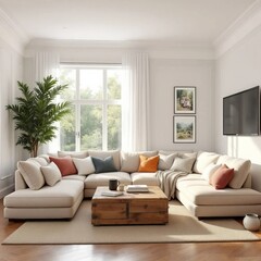 Obraz premium Cozy Living Room: A stylish living room is furnished with a large, comfortable beige sectional sofa, a rustic wooden coffee table, and a large window looking out onto greenery.