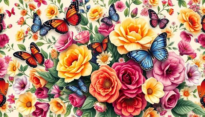 Vibrant Victorian bouquet & butterflies seamless vector pattern, colorful garden flowers, fabric, garden