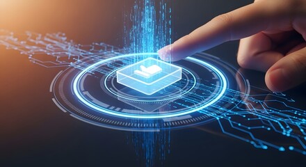 Finger pressing a futuristic glowing button with digital data flow.
