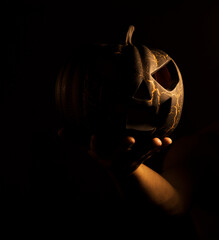 Halloween concept, Close up hands of a man. Halloween photo. Party. Dark. Shadow. Autumn