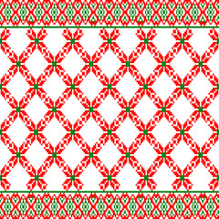 seamless pattern with hearts
Traditional Eastern European embroidery pattern featuring red and green geometric motifs on a white background. The symmetrical design includes diamond grids and stylized 