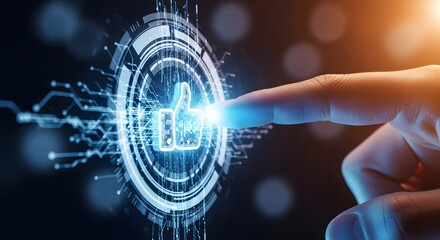 A dynamic illustration of a finger pressing a futuristic icon.