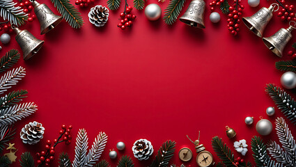 Festive Christmas Holiday Background with Silver Bells Pine Cones and Berries on a Vibrant Red Surface Offering Ample Copy Space