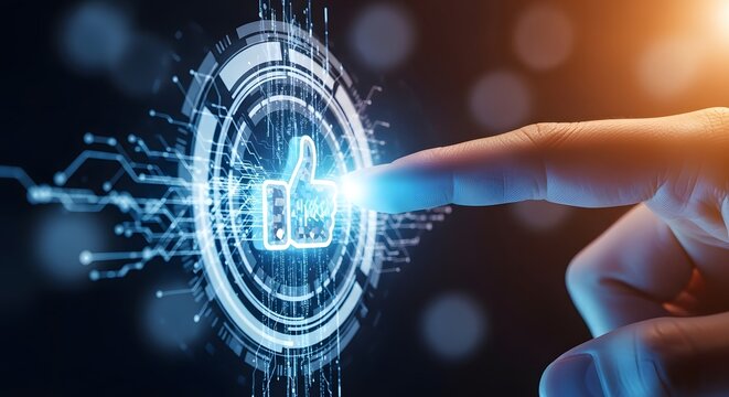 A dynamic illustration of a finger pressing a futuristic icon.