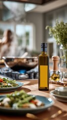 Fototapeta premium Bouteille d'huile d'olive dorée sur comptoir de cuisine moderne