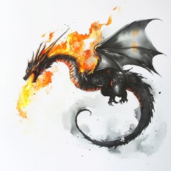 A stock image features a watercolor depiction of a ferocious lava drake roaming near rivers of molten lava, with gleaming scales, set against a white isolated background