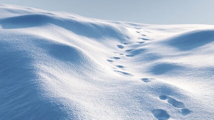 Snow footprints across a serene winter landscape, with rolling snow-covered hills and a winding path under a clear blue sky, highlighting the peaceful and pristine atmosphere of a cold winter's day.