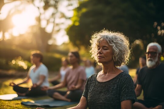 Serene yoga retreat at sunset promotes mindfulness, wellness, and inner peace with diverse people connecting through meditation outdoors