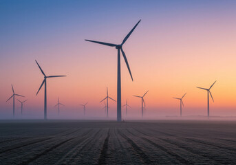 Fototapeta premium Wind turbines standing tall in a field at sunset.