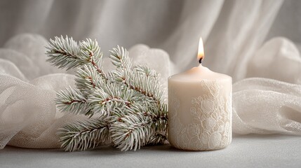 Cozy pine candle winter holiday decor photo – Elegant Winter Scene with Lit Candle and Frosted Pine Branch with soft lighting, cinematic style, high resolution clarity, perfect for festive campaigns,