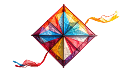 Colorful diamond-shaped kite with vibrant streamers