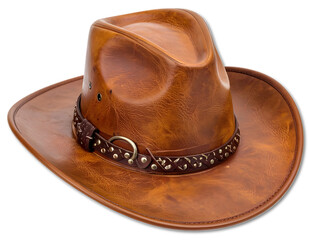 A cowboy hat with a brown leather band
