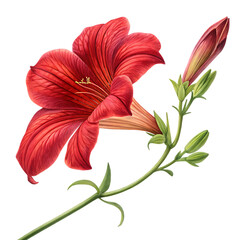 Scarlet red trumpet vine blossom with green stem and buds isolated on a transparent background image