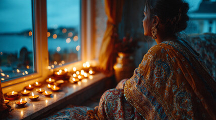 Young Indian woman sitting by window with candles during Diwali  