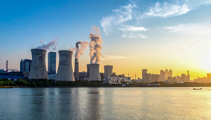 Obraz premium Energy Production and Pollution: Thermal Power Station at Sunrise/Sunset