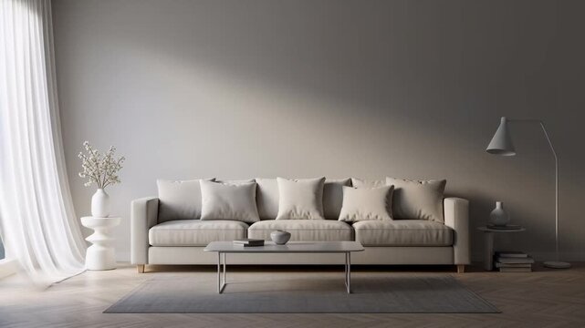 Time lapse of sun movement through a modern living room with white sofa and lamp, changing light for interior design footage.