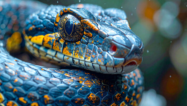 Macro Portrait of a Vibrant Black and Orange Spotted Snake in the Jungle