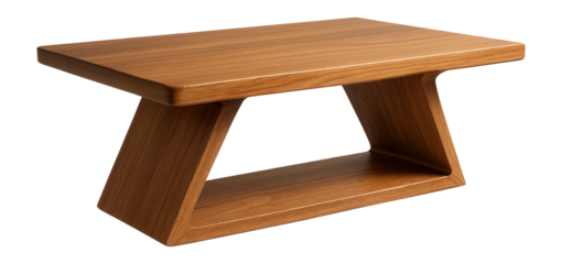 Light brown wooden coffee table with angled base.