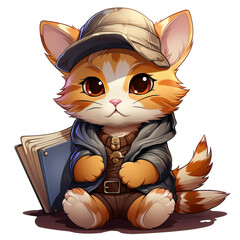 A cute cartoon ginger cat with big eyes sits and reads a book on a transparent background. This fun and friendly character is perfect for children's books, educational materials, stickers