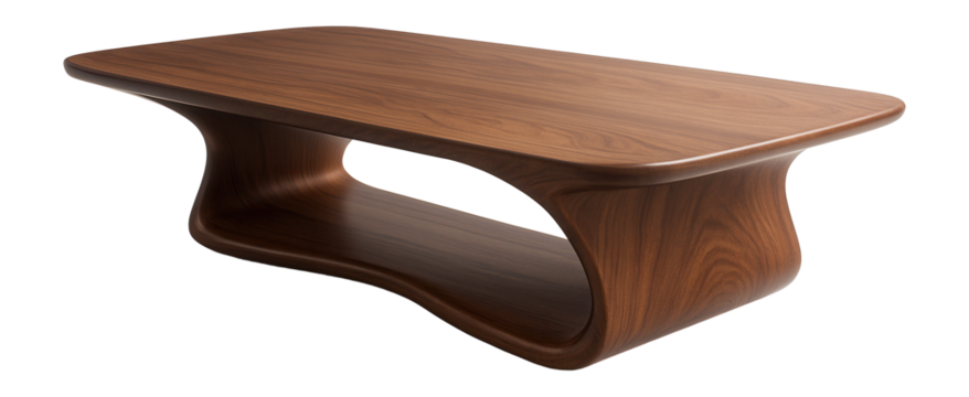Modern low-profile wooden coffee table with a unique shape.