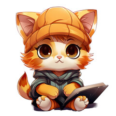 A cute cartoon ginger cat with big eyes sits and reads a book on a transparent background. This fun and friendly character is perfect for children's books, educational materials, stickers