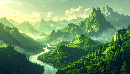Obraz premium Epic Green Mountain Landscape with a Winding River Valley.