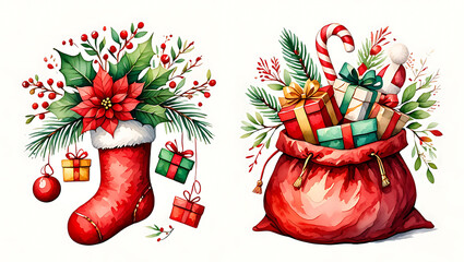Festive Christmas Watercolor Illustration featuring a Stocking filled with Poinsettias and a Santa Sack overflow with Presents