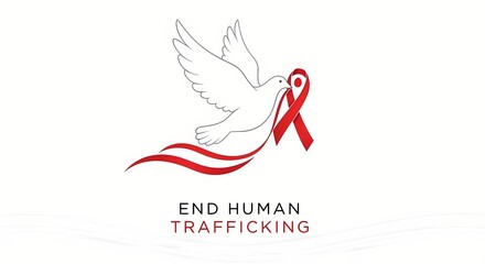 Peaceful dove with red ribbon advocating end human trafficking awareness and support