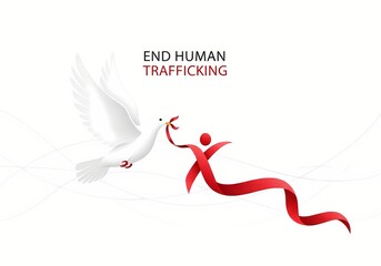 Symbolic illustration advocating for the end of human trafficking with a dove and red ribbon