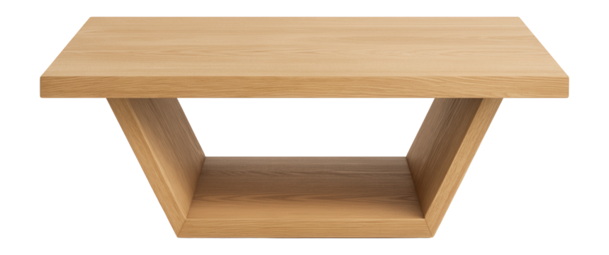 Light-colored wooden coffee table with angular base.