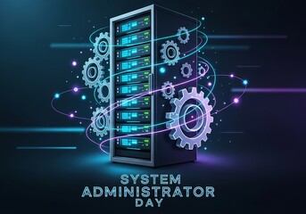 System administrator day celebration design featuring a server rack with technology elements