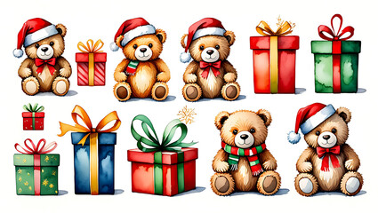 Festive Christmas Watercolor Illustration Featuring Cute Teddy Bears and Colorful Presents Perfect for Holiday Greetings and Decorations