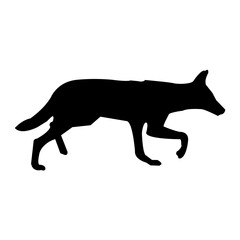A bold, black silhouette of a canid (likely a dog or wolf) in a running posture against a plain white background.