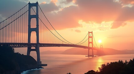 Obraz premium Golden gate bridge during a vibrant sunset with orange sky and clouds